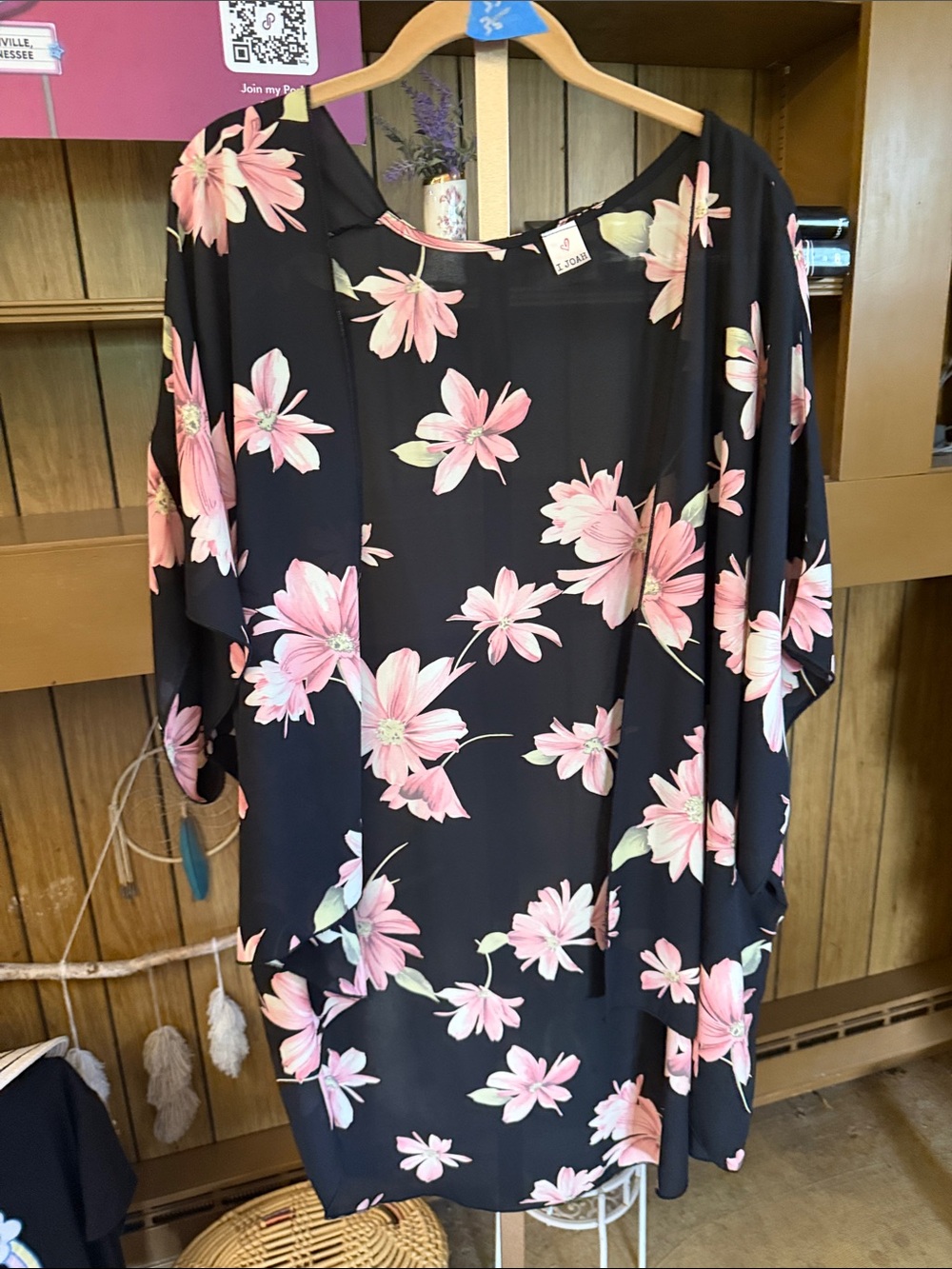 J.O.A. Black Floral Kimono with Pink Blossoms